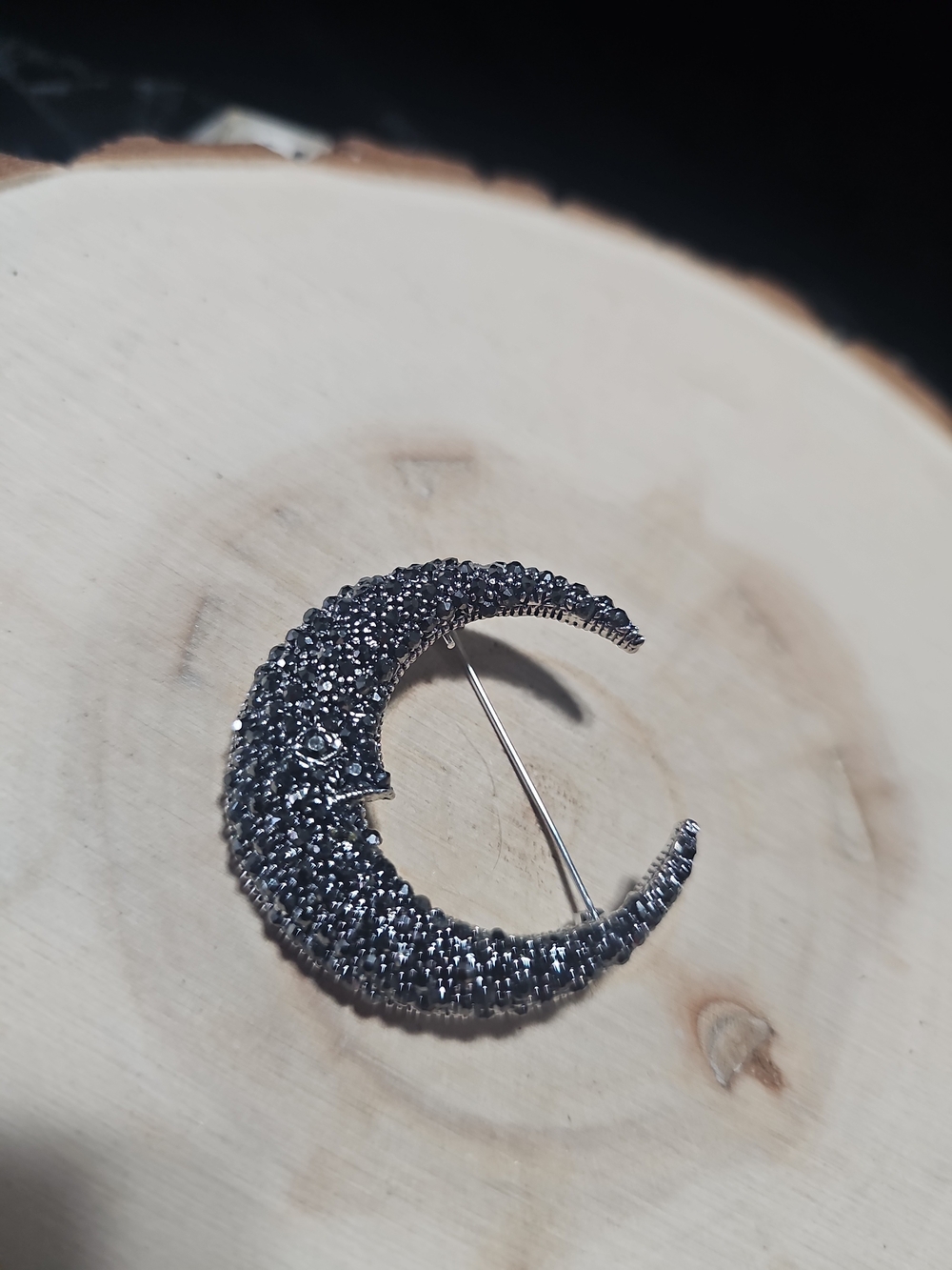 Crescent Moon Rhinestone Brooch - Black Crystal